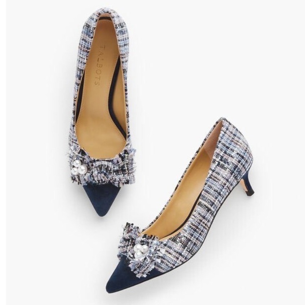 NWT Talbots Sylvie Kitten Heel Bow Pumps Blue Tweed Pearl Suede 8.5M
